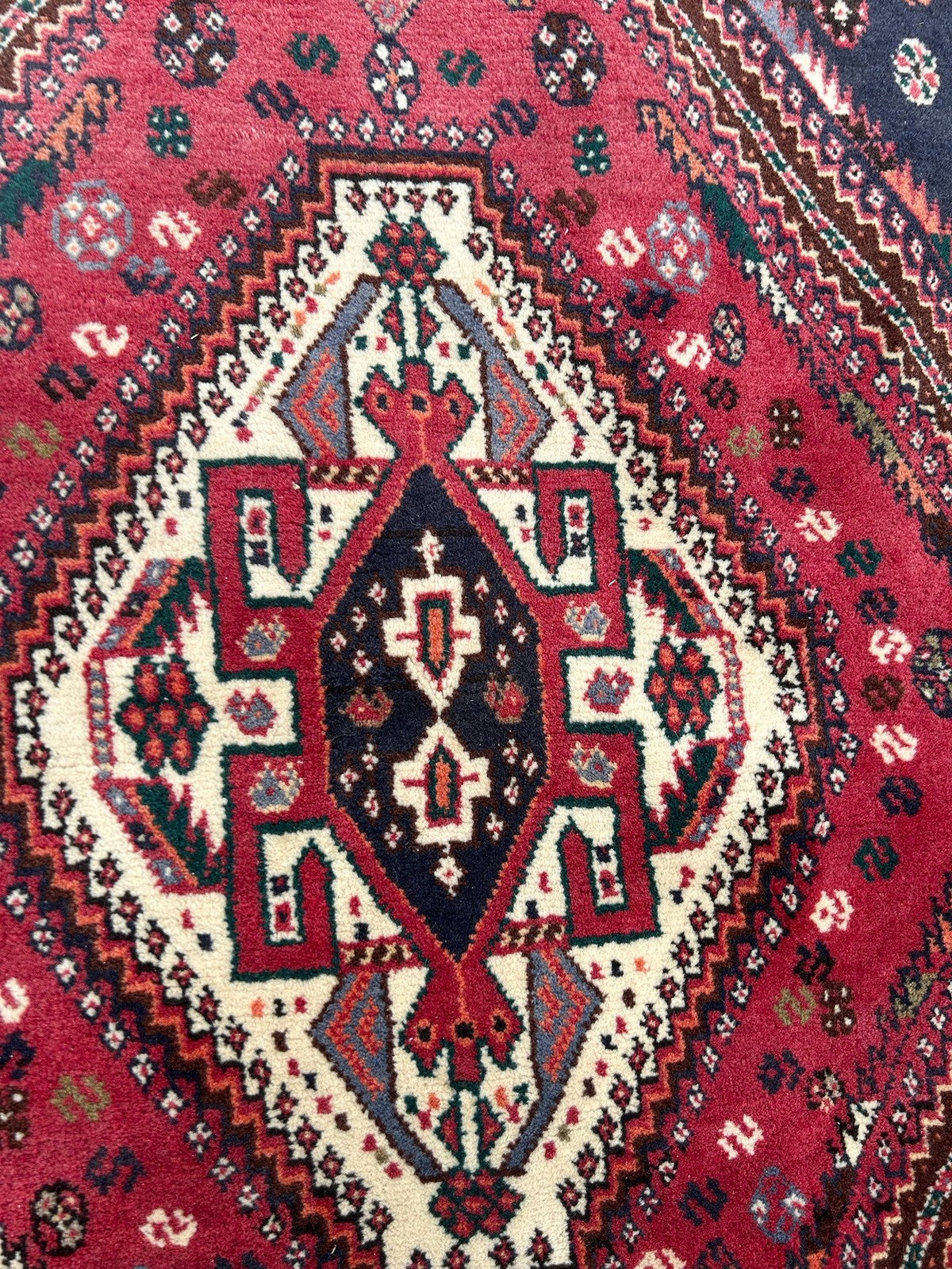Vintage Oriental Rug Red Navy Central Medallion Floral Pattern Wool Fringed7
