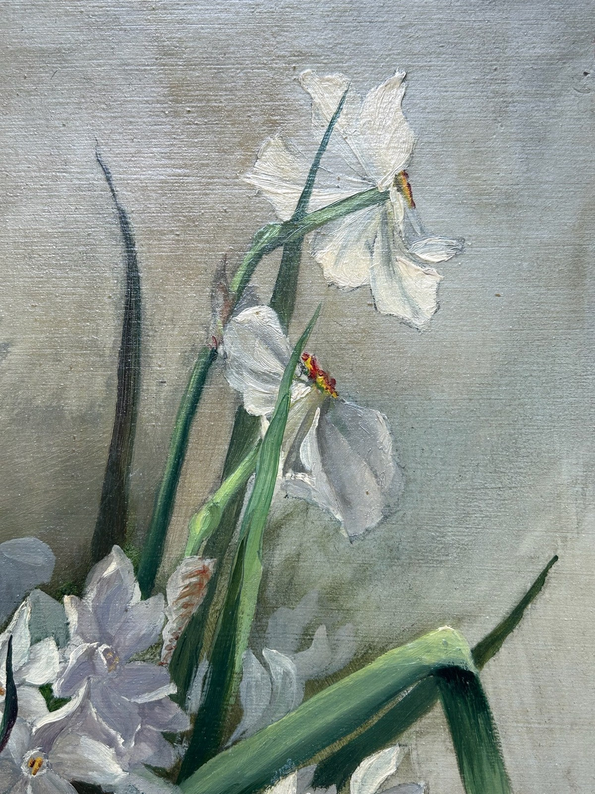 Oil on Canvas Still Life Narcissi & White Tulip Unstretched Monogram B3