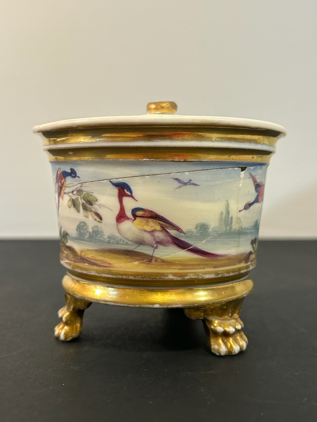 Antique English Porcelain Inkwell Painted Birds Gilt Lion Paw Feet c1820 A/F2
