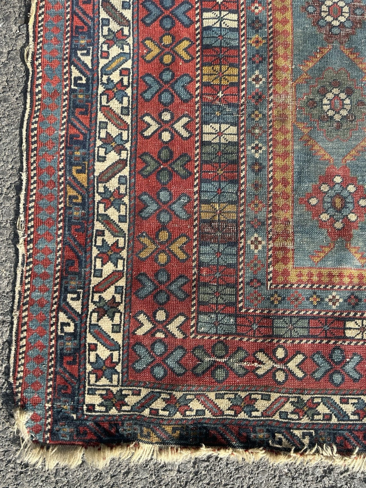 Antique Caucasian Kuba Rug c1900 Blue Lattice Chichi Hand Knotted Wool 127x155cm2