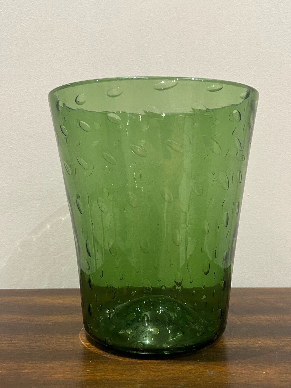 Green Art Glass Beaker Vase Controlled Bubbles Moulded Leaves1