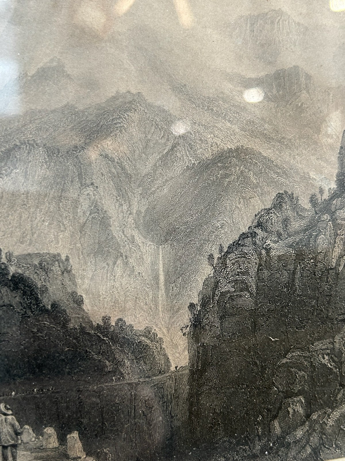 Antique 1865 France Voiron Chartreuse Valley Isere Waterfall Engraving Gilt Fram3