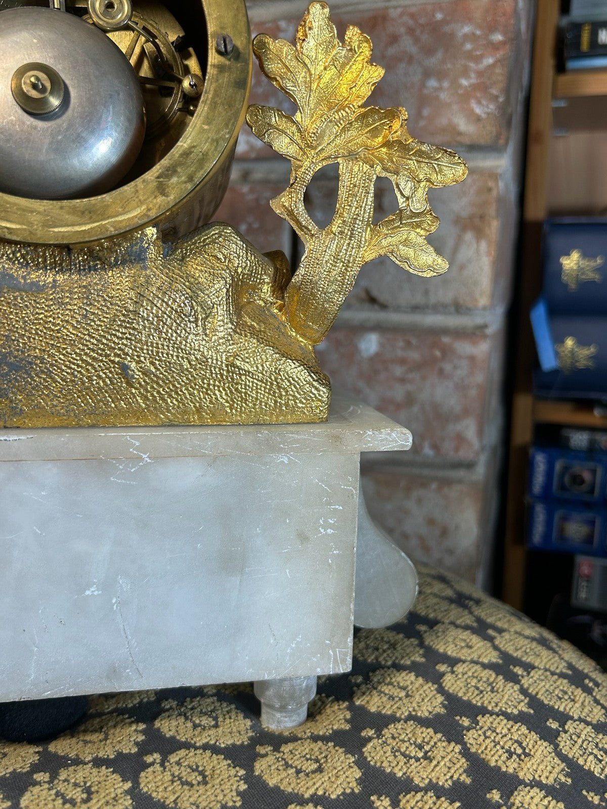 Antique French Gilt Metal Figural Mantel Clock White Marble Base Bell Strike15