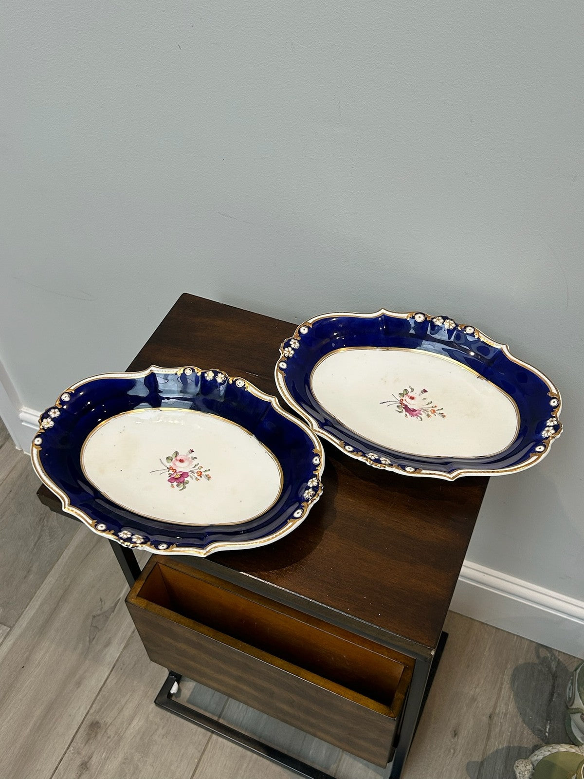 Pair Bloor Derby Oval Dessert Dishes Cobalt Gilt Borders Floral Sprays c.18302