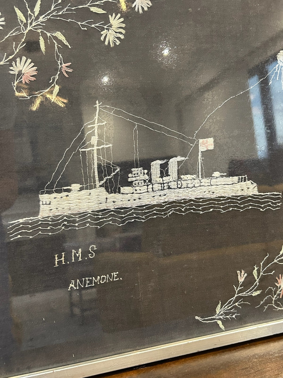 Antique WW1 Sailor Silkwork Embroidered Picture HMS Anemone Royal Navy Framed3