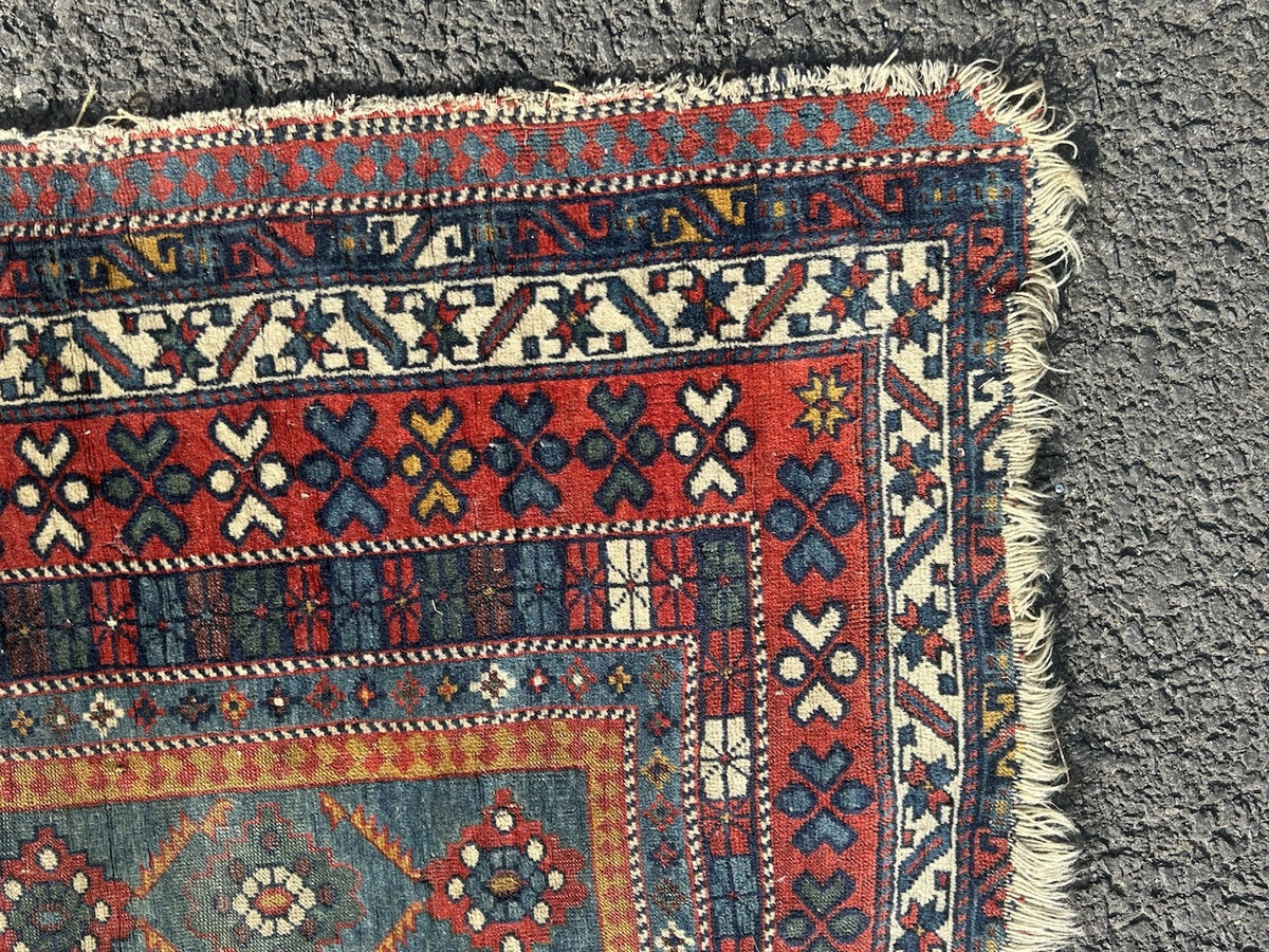 Antique Caucasian Kuba Rug c1900 Blue Lattice Chichi Hand Knotted Wool 127x155cm11