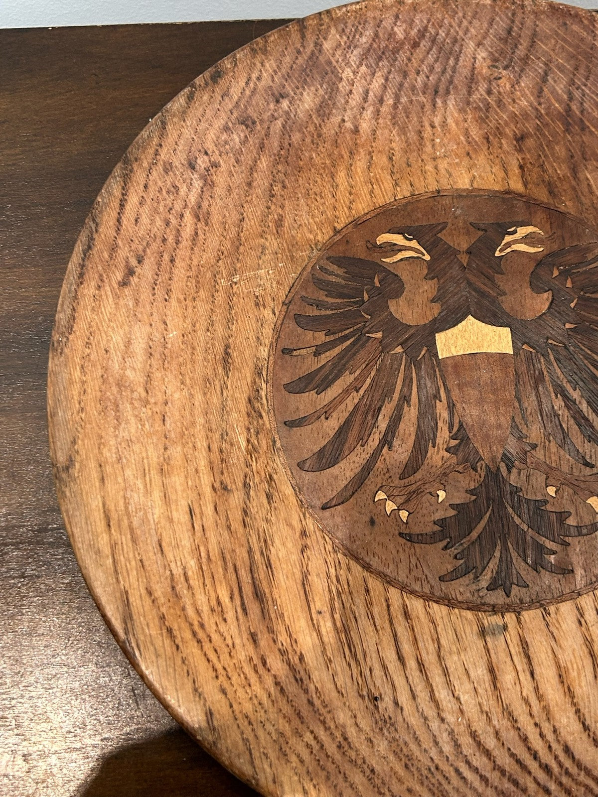 Antique Austro Hungarian Marquetry Wood Dish Double Headed Eagle Shield Imperial1
