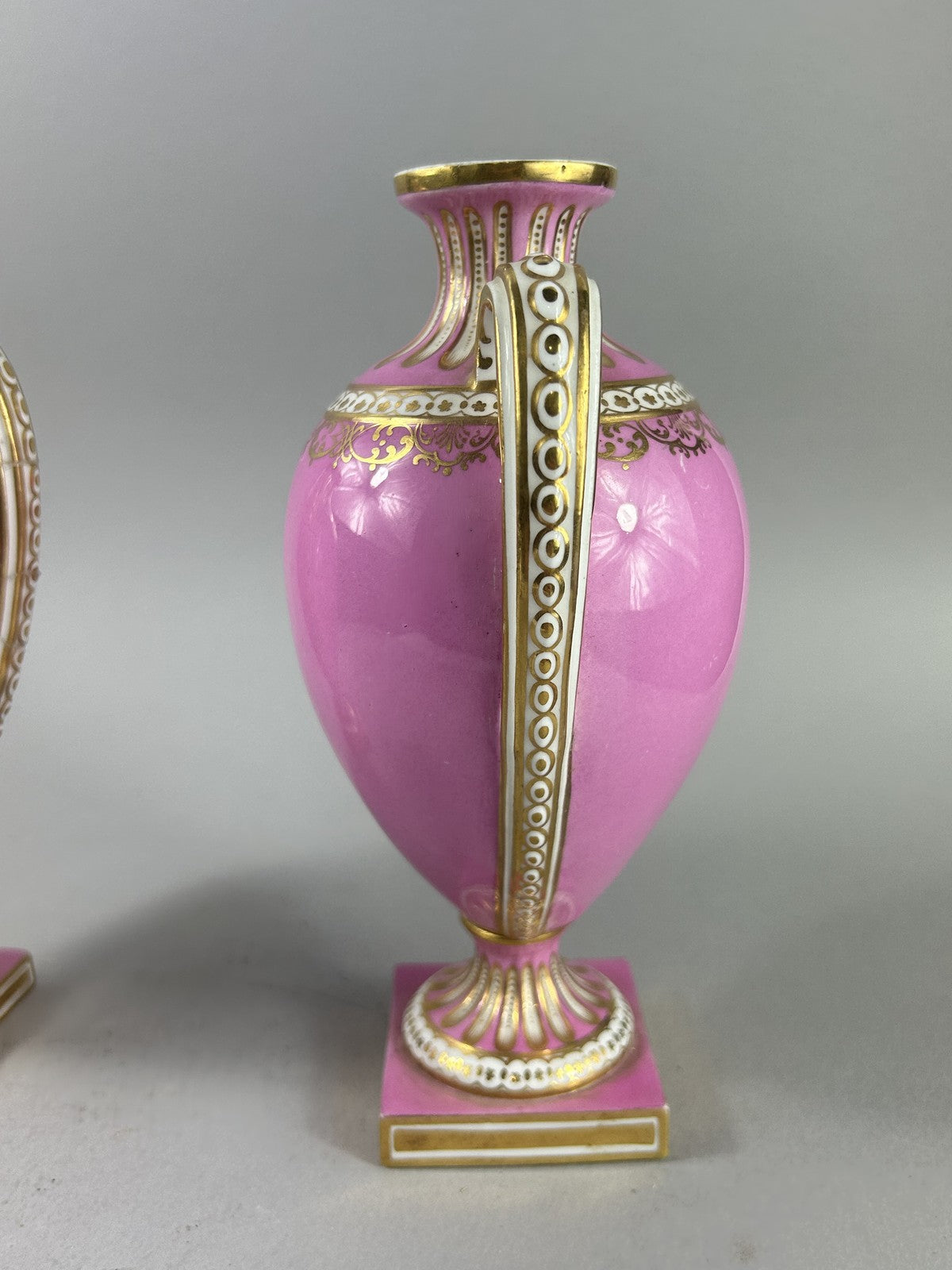 Antique Pair Pink Ground Gilt Porcelain Urn Vases, 18cm