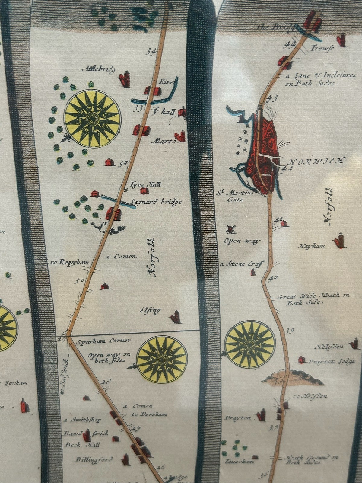 Pair John Ogilby Britannia Strip Road Maps Norfolk c1675 Hand Coloured Framed5