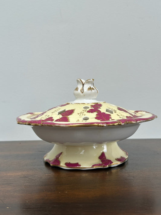 Antique Pot Pourri Vase & Pierced Cover Cream Ground Puce Floral Gilt 18cm0