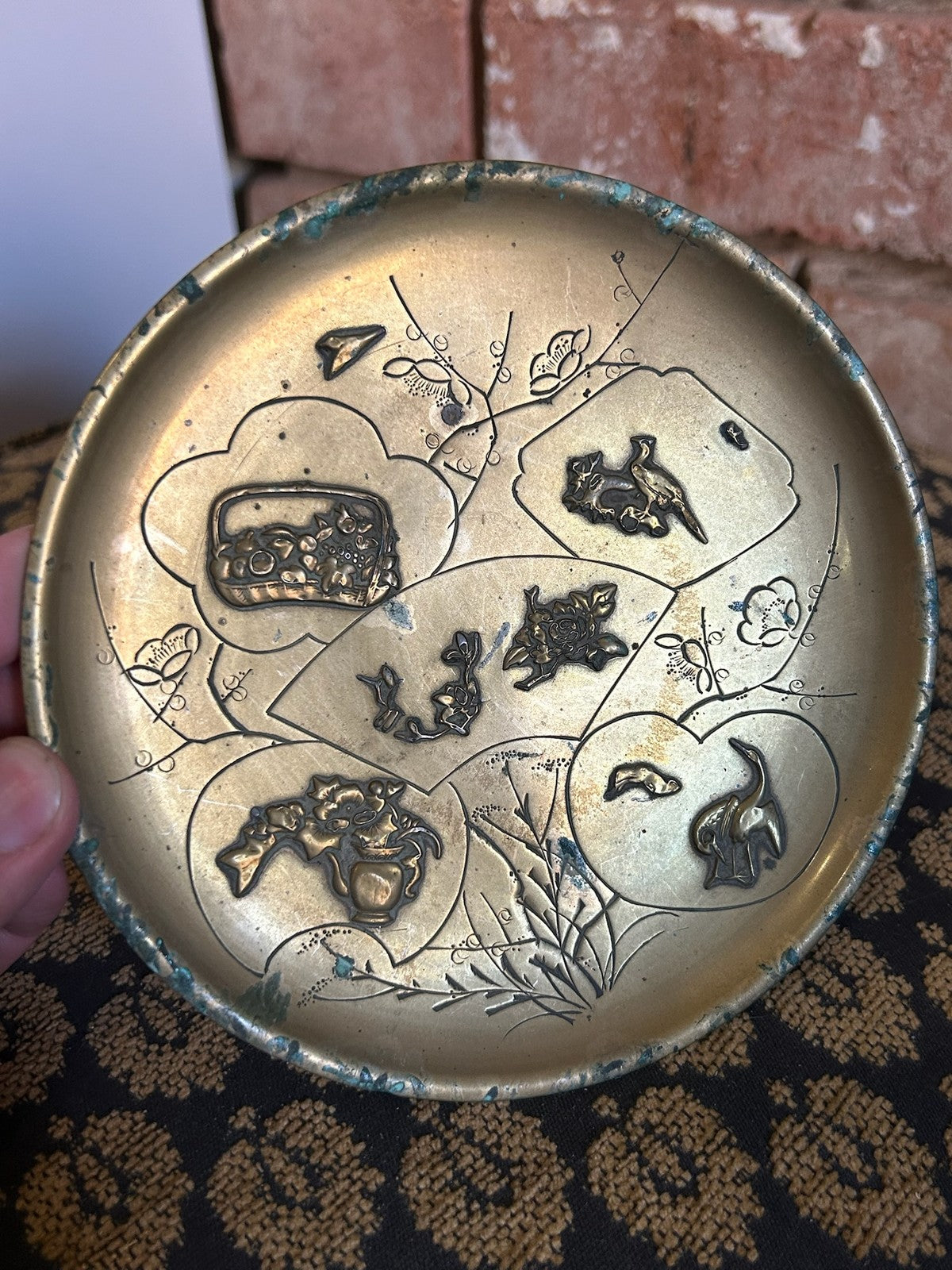 Japanese Brass Relief Dish Engraved Fan Panels Birds Flowers Plum Blossom3