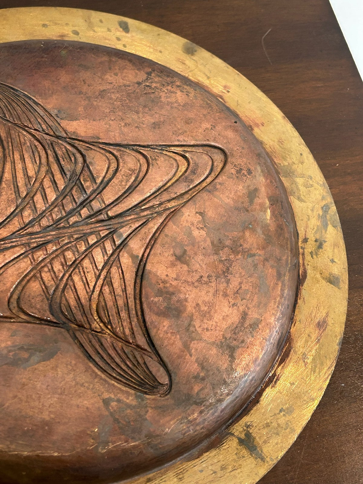 French Art Deco Dinanderie Copper Brass Tray Enamel Fan Motif c.1925408