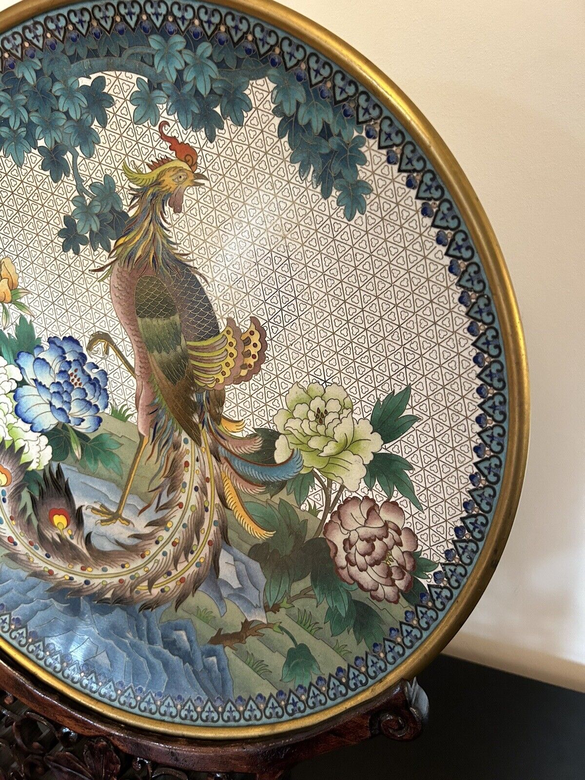 20th Century Chinese Cloisonné Charger Peacock With Wooden Stand