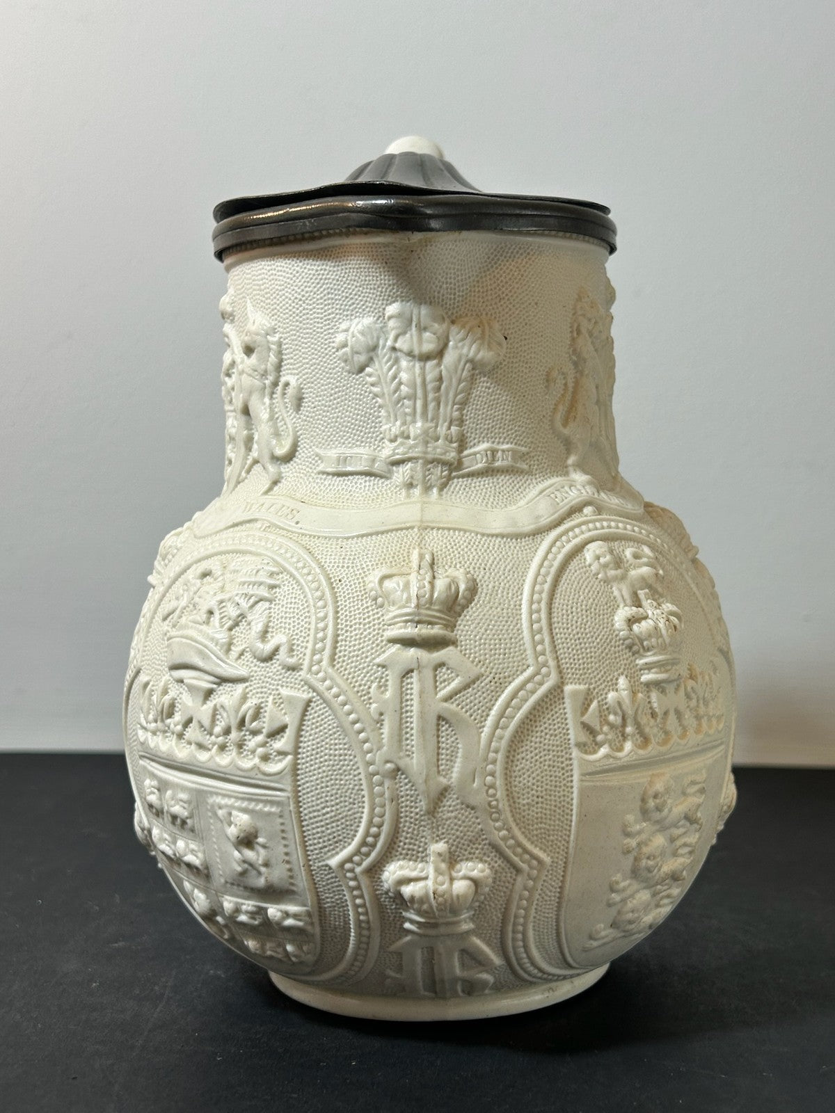 Victorian Relief Moulded Stoneware Jug Pewter Lid Gothic Figures Cobridge 18631