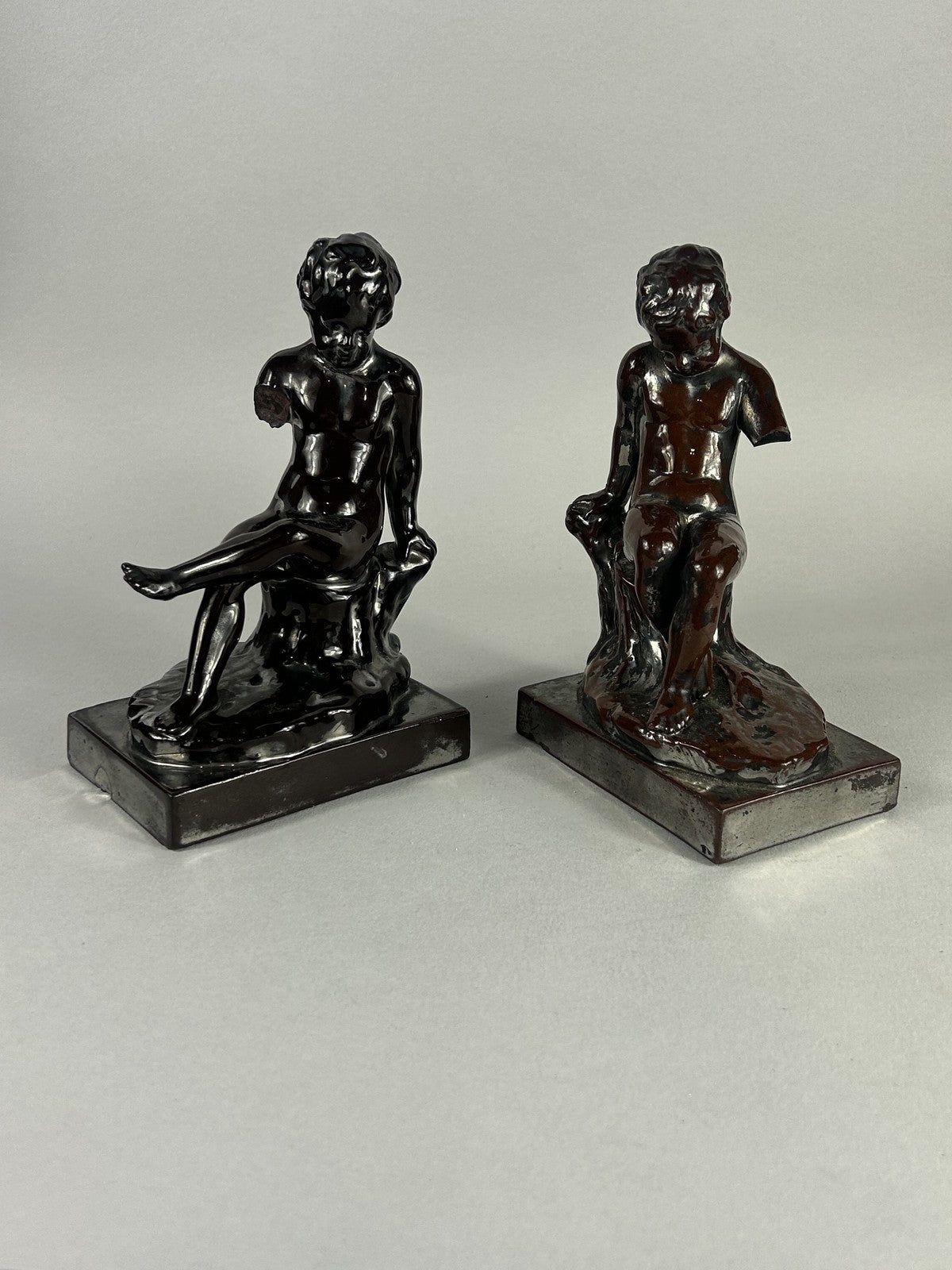 Early Staffordshire Silver Lustre Putti Figurine Pair, 18cm, Restored
