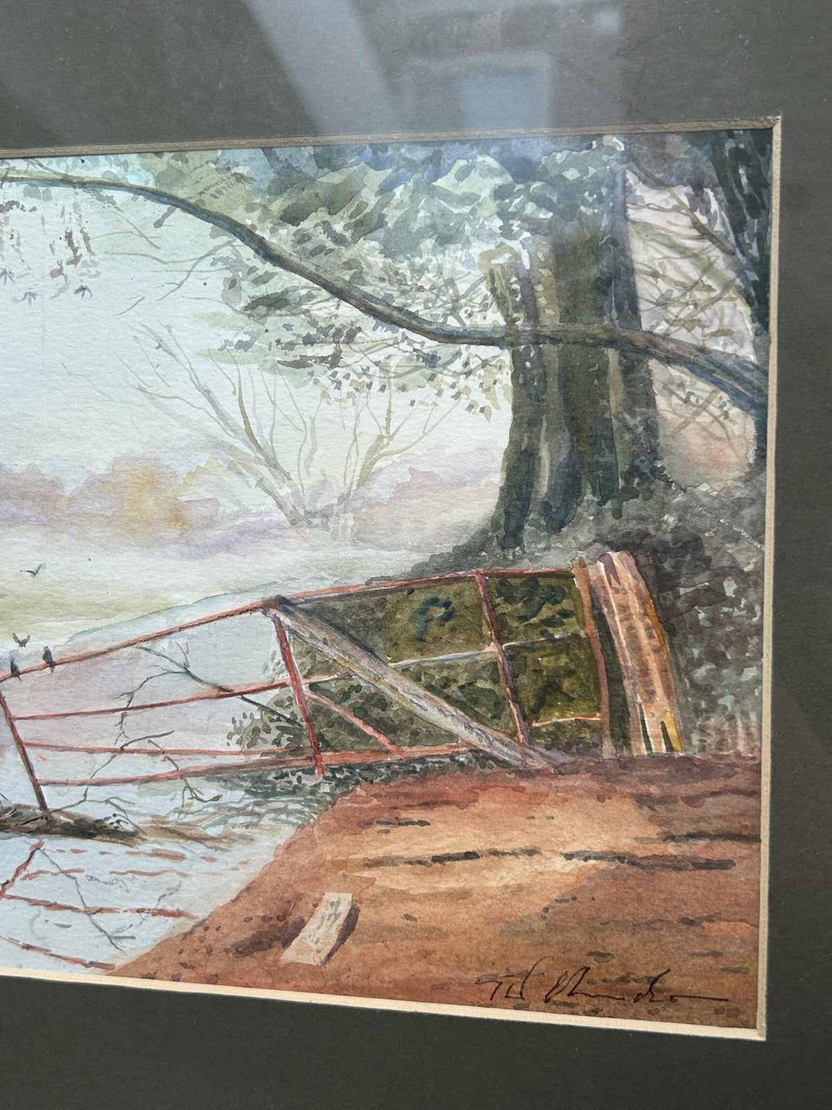 Original Watercolour Landscape River & Tree Pastel Sky Signed Framed2