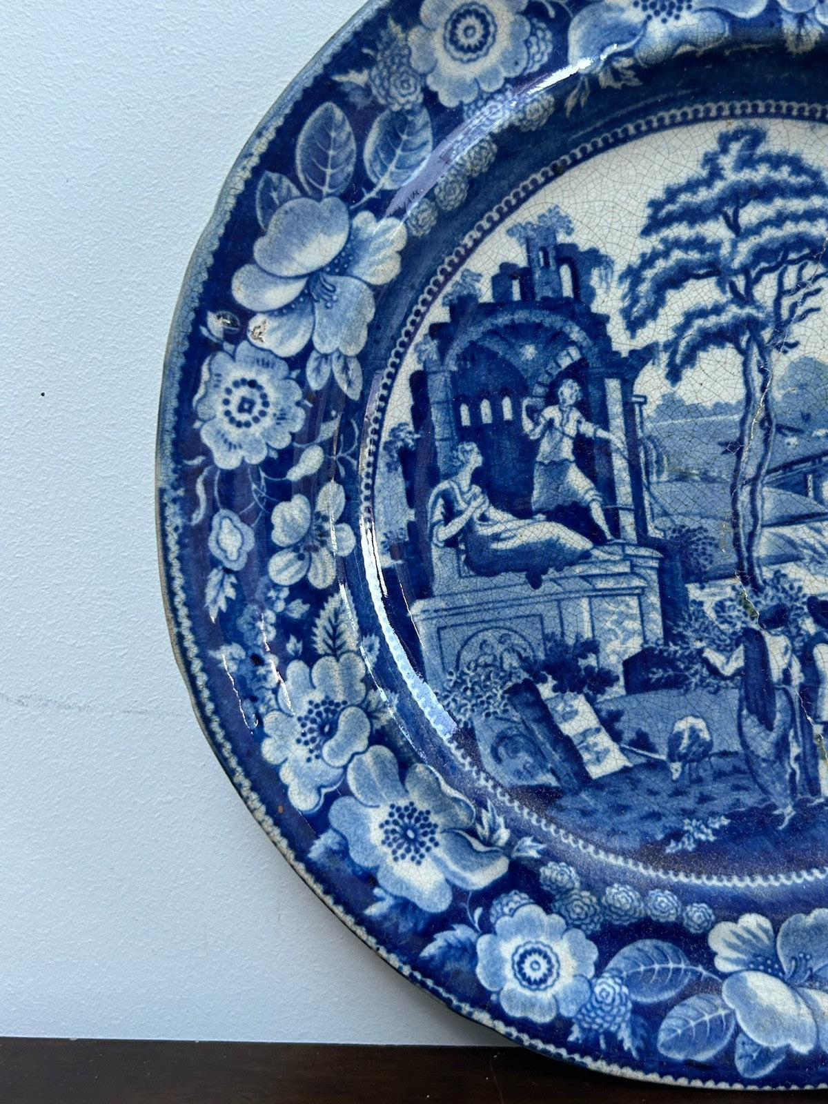 Antique Staffordshire Blue White Plate c1820 Landscape Floral Border Transfer3