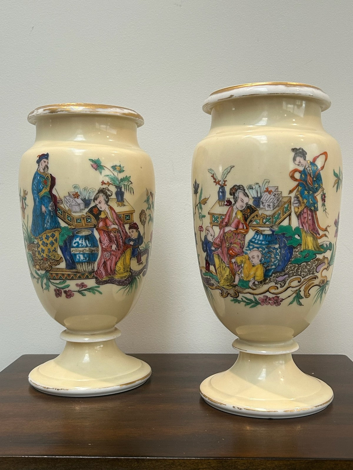 Pair Antique Victorian French Opaline Glass Chinoiserie Vases Hand Enamelled2