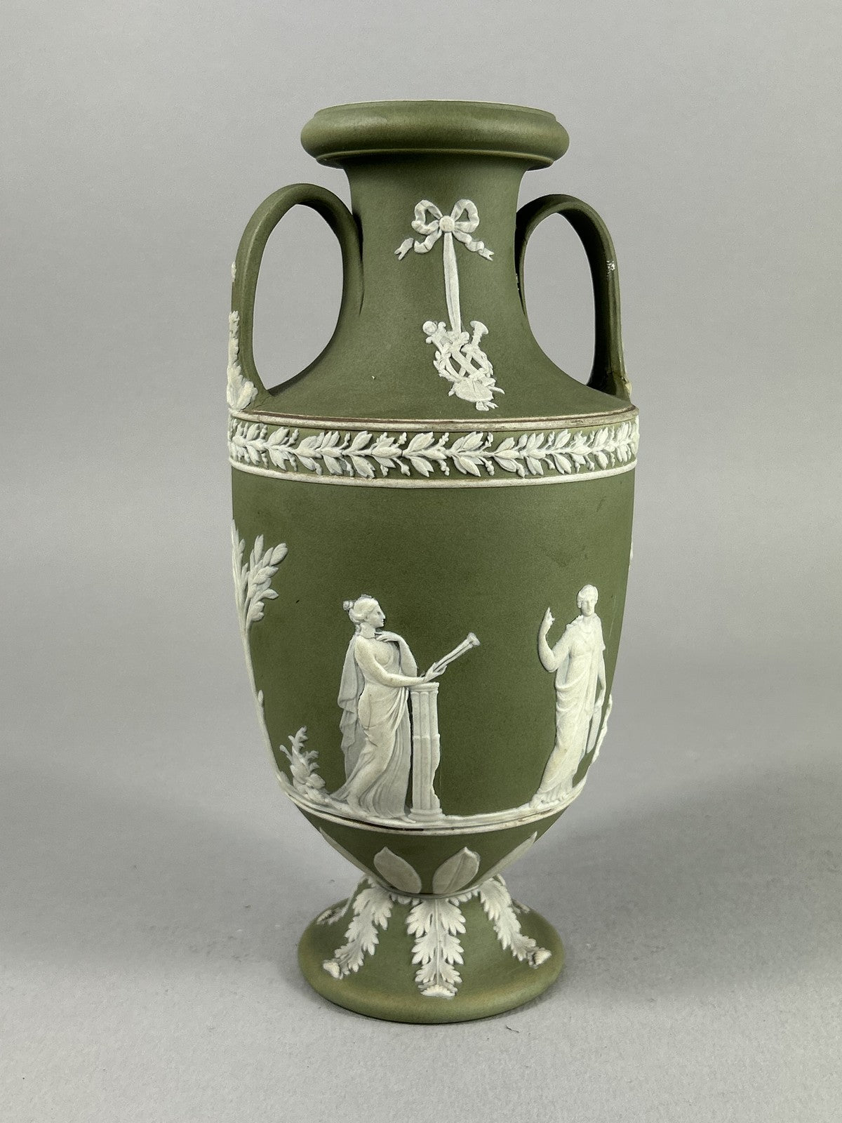Antique Wedgwood Green Jasperware Trophy Vase with Classical Figures