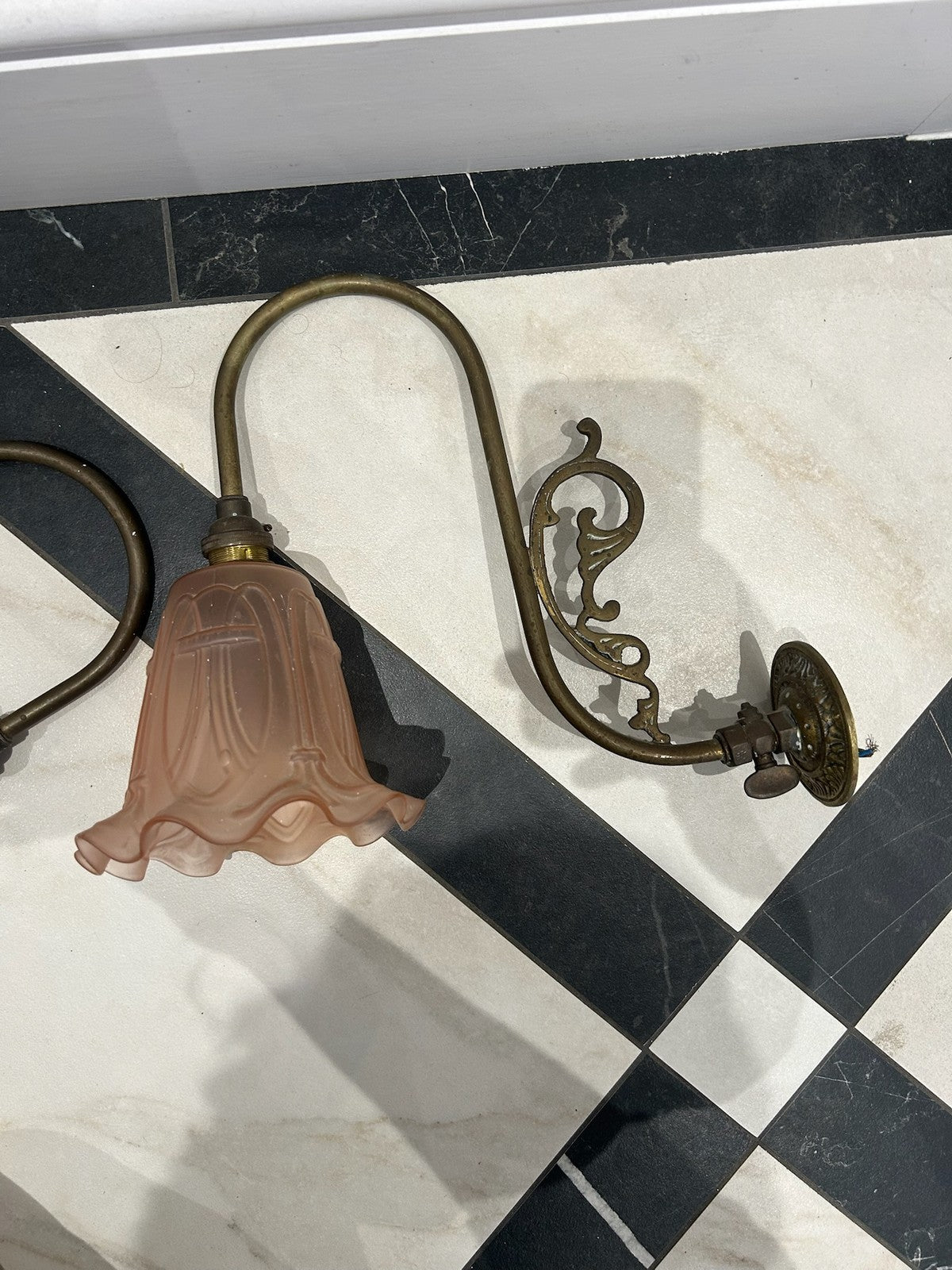 Pair Brass Wall Lights c.1900 Satin Pink Art Nouveau Frosted Glass Shades8