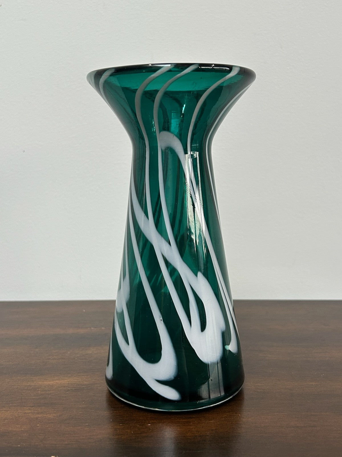 Vintage Murano Style Green White Swirl Art Glass Tall Vase 19cm Mid Century2