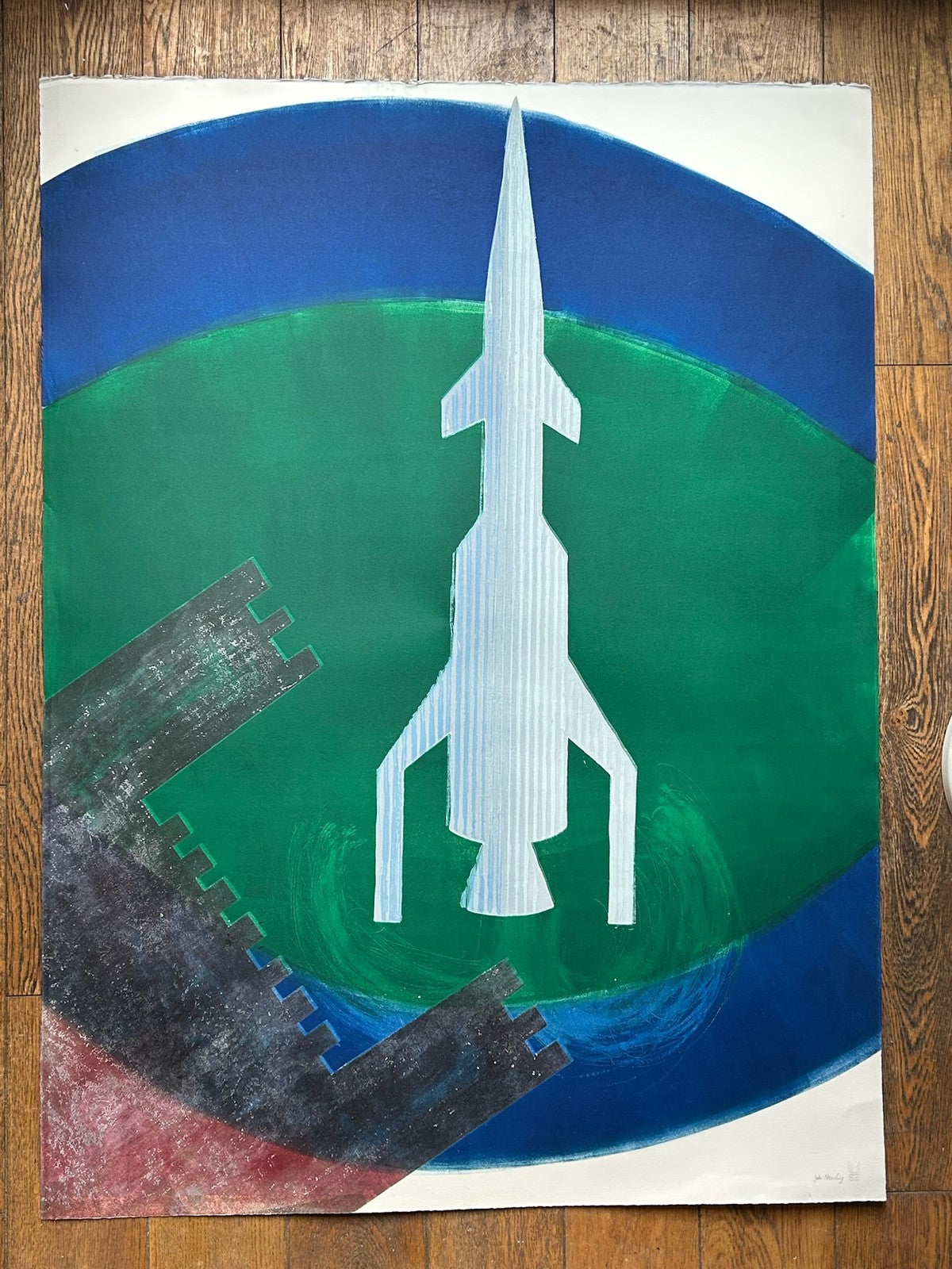 John Newling Signed Mixed Media on Paper Rocket Blindstamp 108cm0