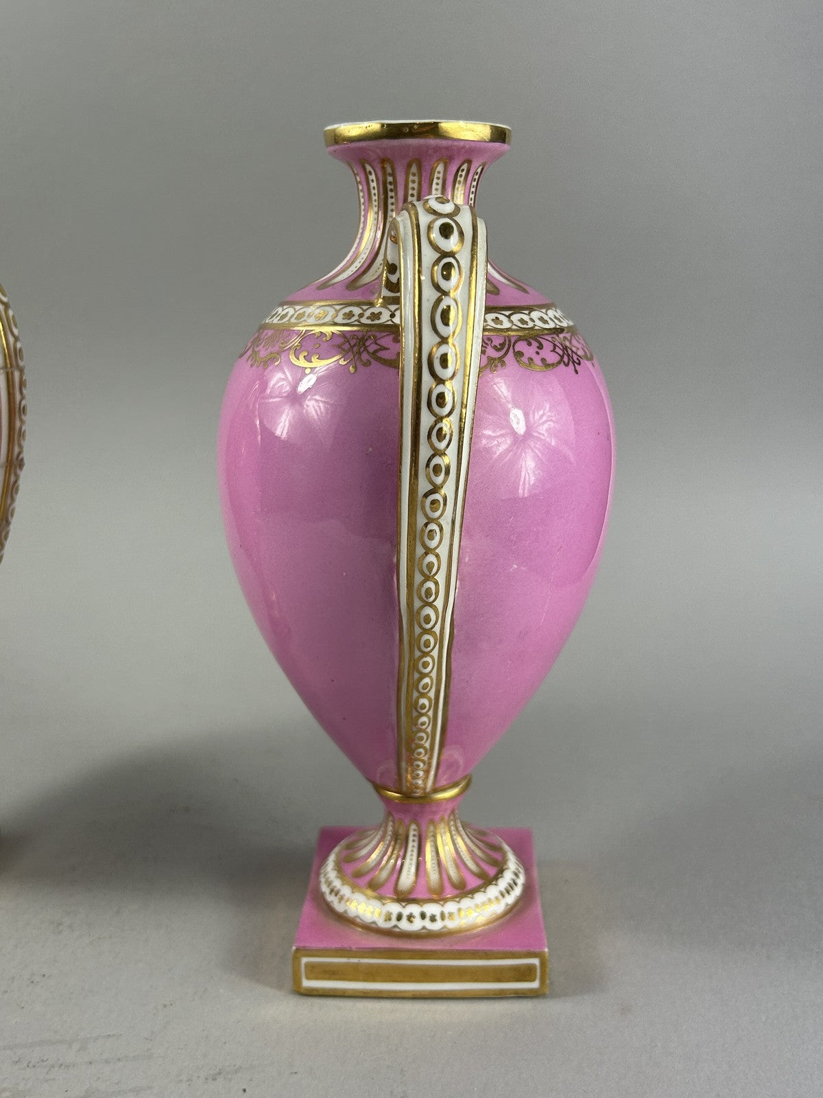 Antique Pair Pink Ground Gilt Porcelain Urn Vases, 18cm
