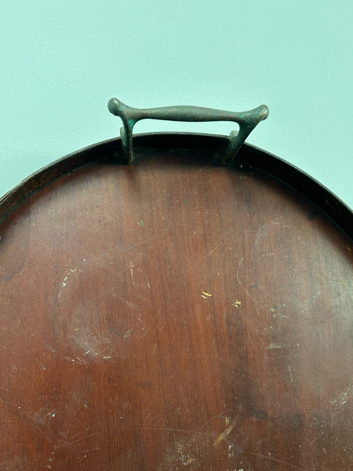Edwardian Marquetry Inlaid Mahogany Oval Gallery Tray Brass Handles3