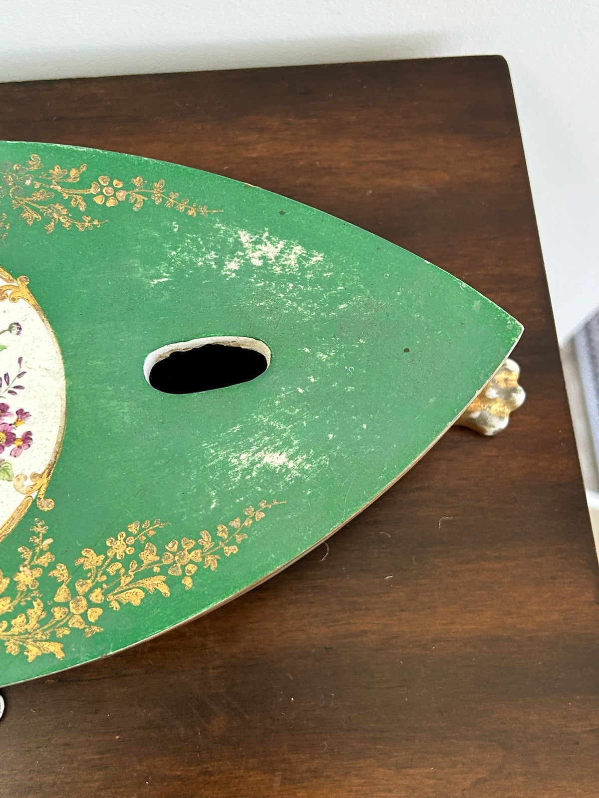 Antique Green Ground Porcelain Plateau Stand Gilt Paw Feet Floral Centre5