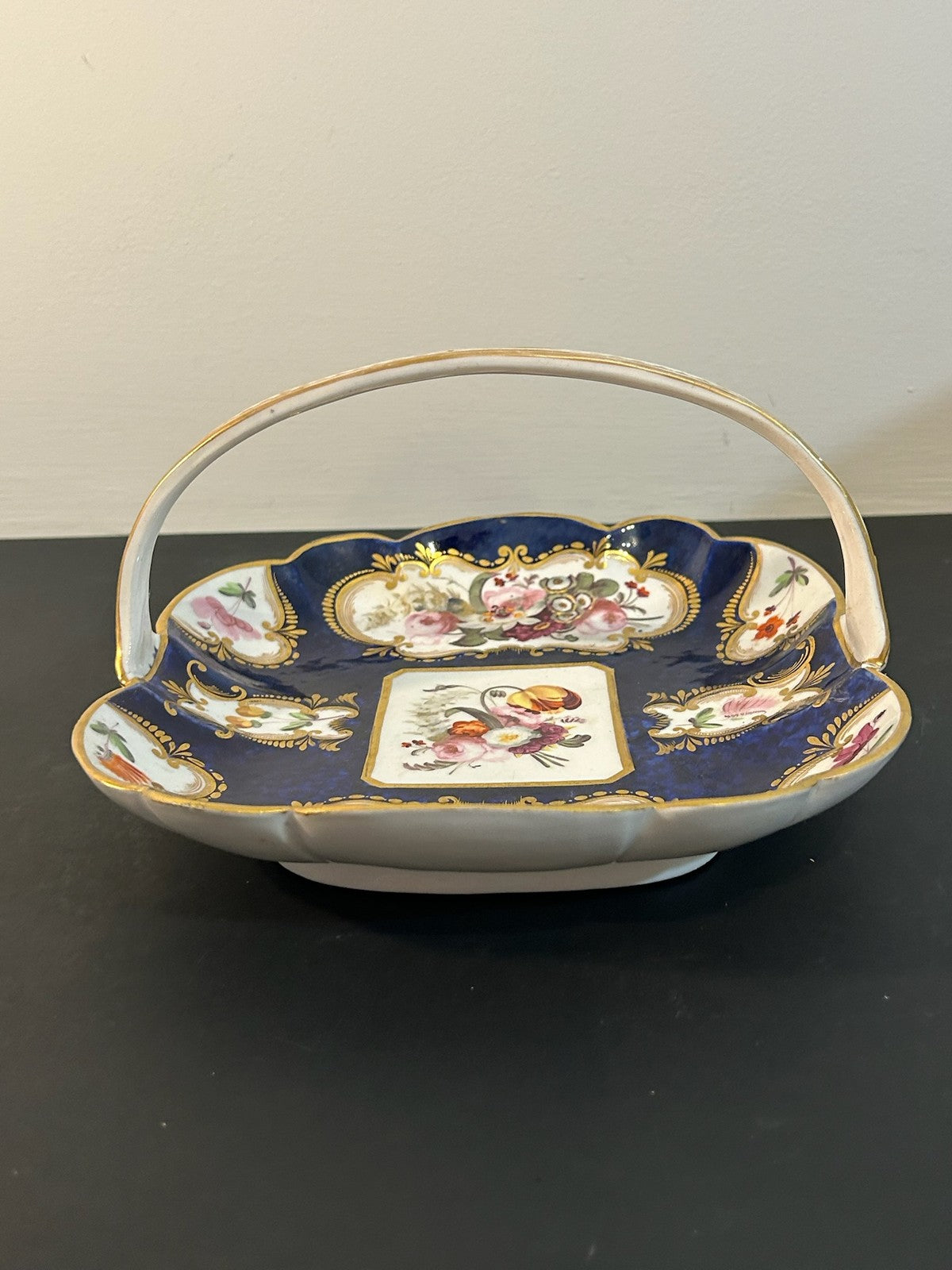 Antique English Porcelain Basket Cobalt Gilt Painted Flowers Handle A/F1