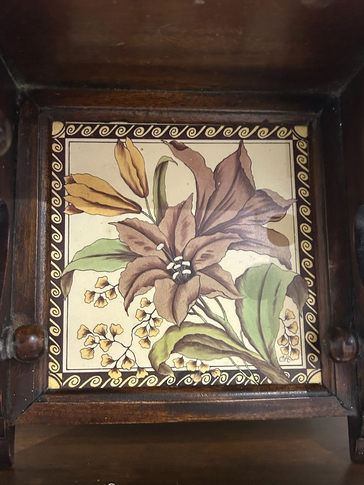 Carved Wood Wall Bracket Shelf Inset Victorian Lily Tile3