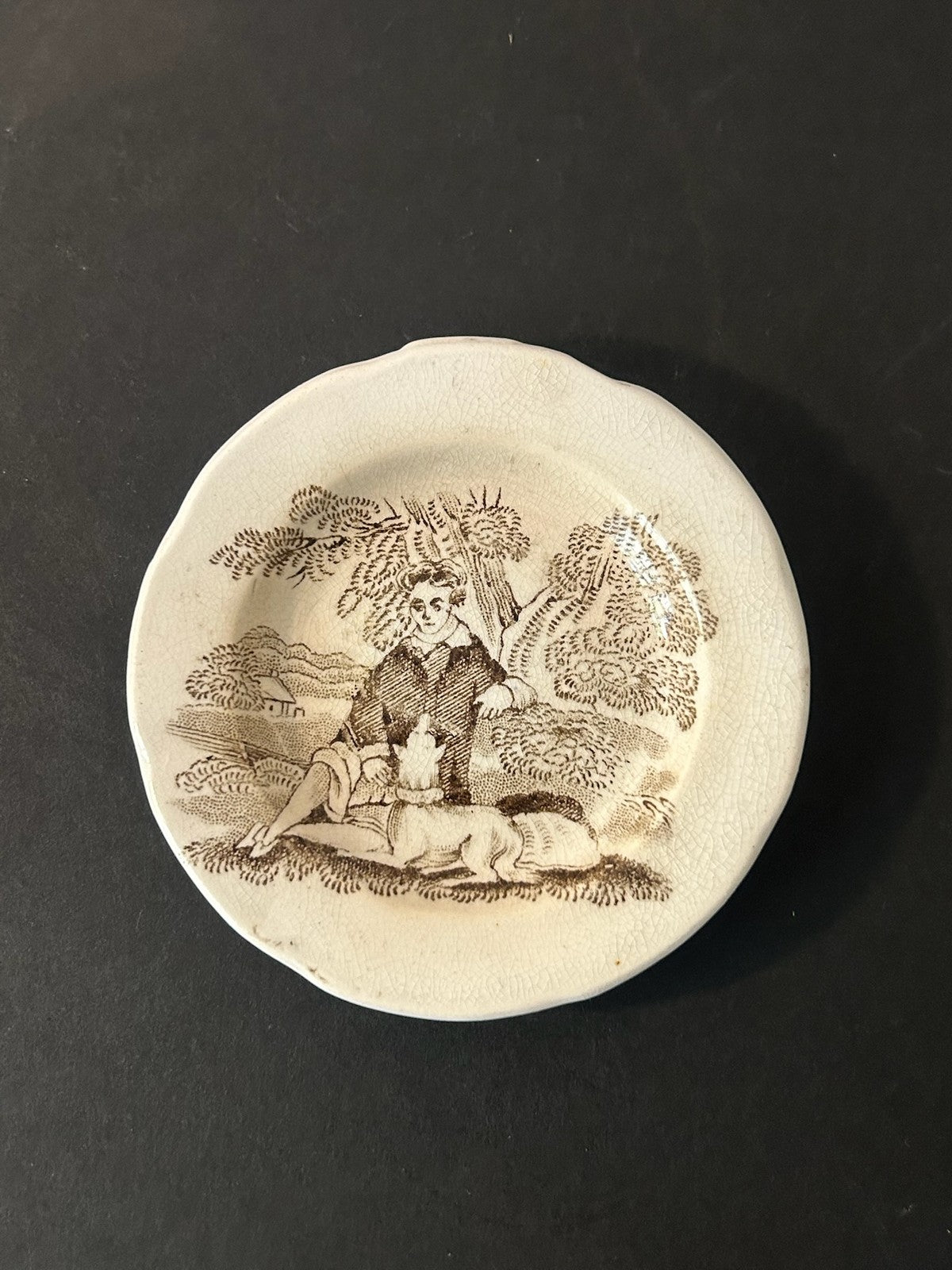Antique Staffordshire Miniature Toy Plate Brown Transfer Figure with Dog 8.5cm0