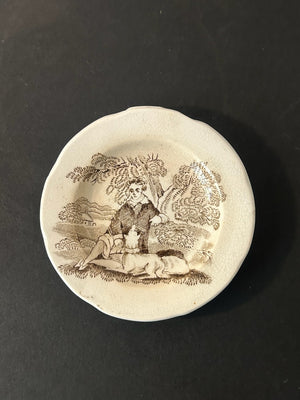 Antique Staffordshire Miniature Toy Plate Brown Transfer Figure with Dog 8.5cm