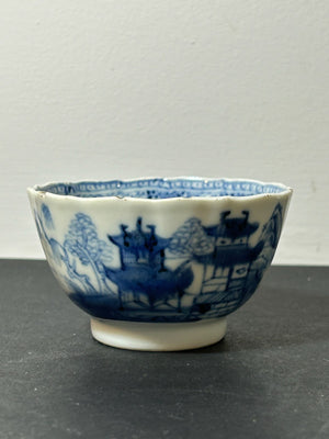 Antique Chinese Export Blue and White Fluted Tea Bowl Pagoda Landscape 9cm