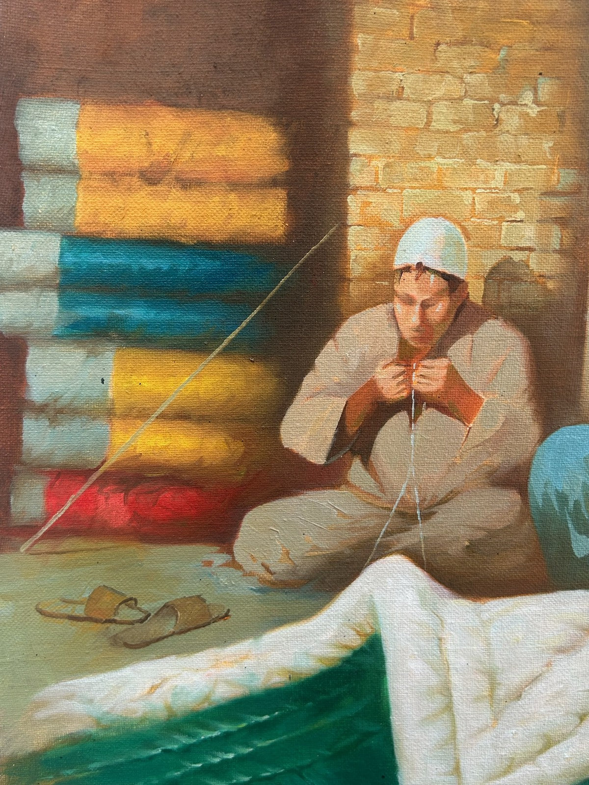 Orientalist Oil Painting Figure with Textiles Merchant Scene Signed3