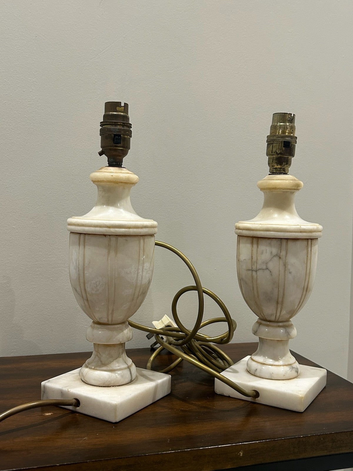 Pair Vintage Alabaster Urn Table Lamps Square Marble Bases6