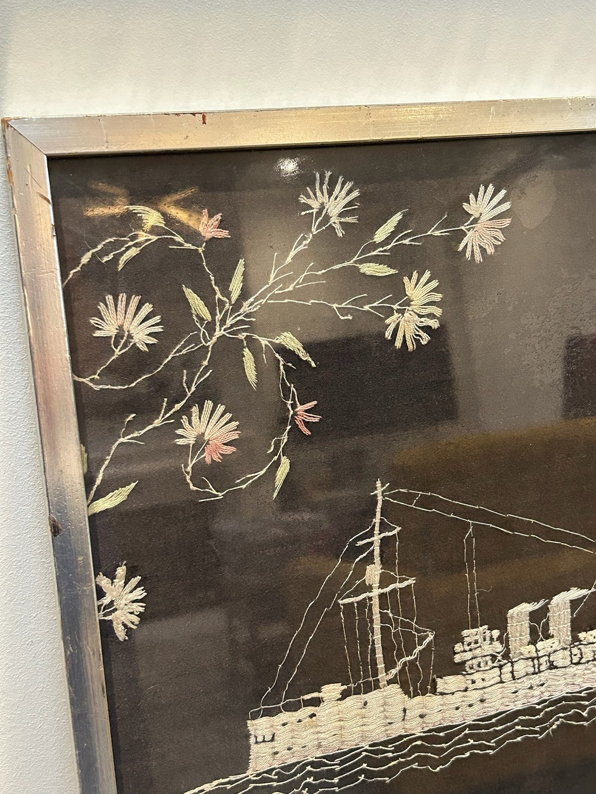 Antique WW1 Sailor Silkwork Embroidered Picture HMS Anemone Royal Navy Framed1