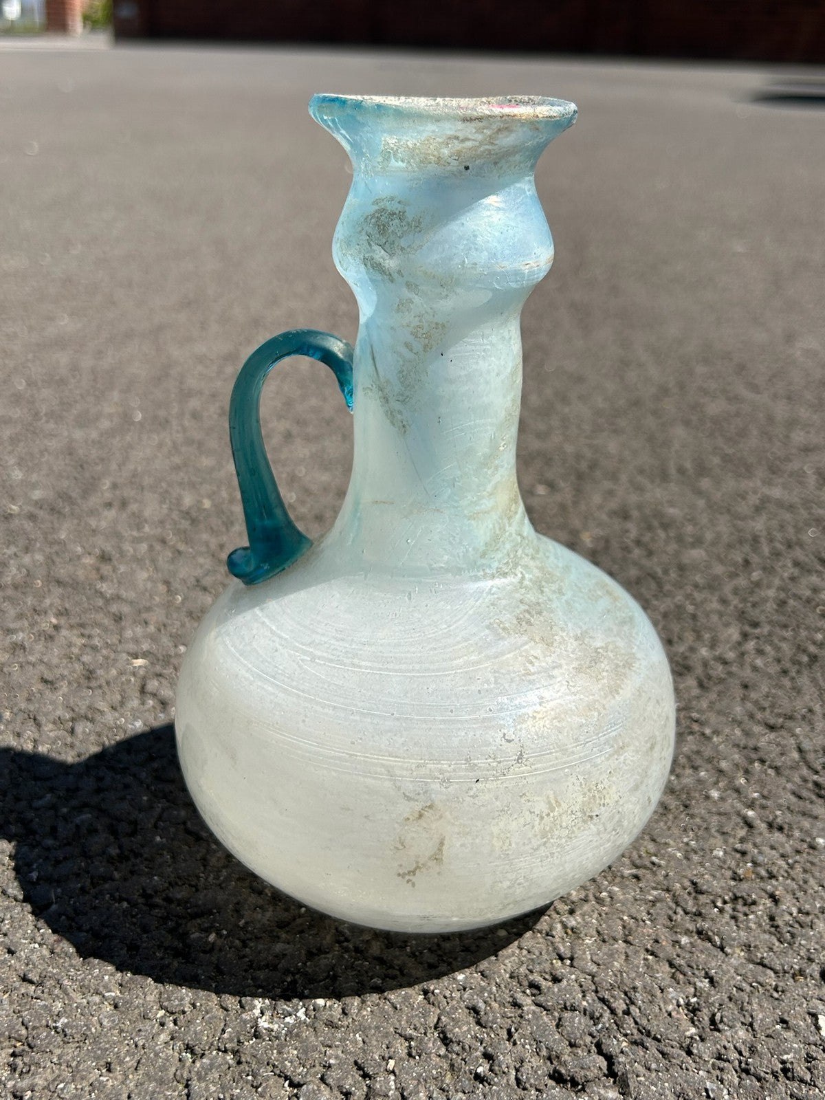 Vintage Iridescent Glass Ewer Pale Blue Roman Style Turquoise Handle Art Glass0
