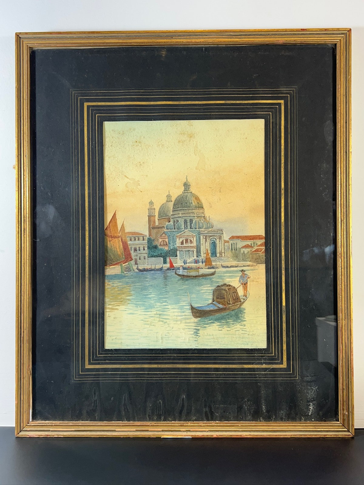 Vintage Venice Watercolour Santa Maria della Salute Gondola Grand Canal Framed2