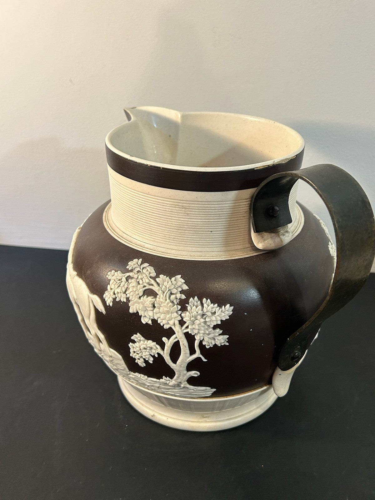 Antique Dipped Stoneware Jug White Sprigged Trees Figures Chocolate Ground6