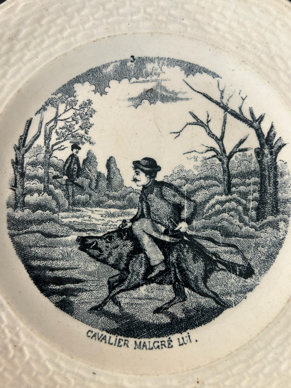 Antique French Transfer Plate Cavalier Malgre Lui Man Riding Boar Basketweave2