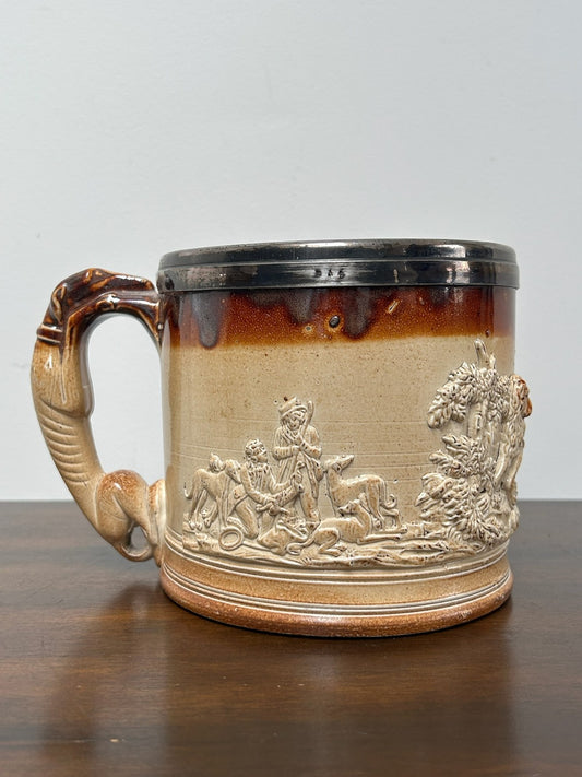 Antique Salt Glaze Stoneware Tankard Hunting Scene 19thC Brown Relief0
