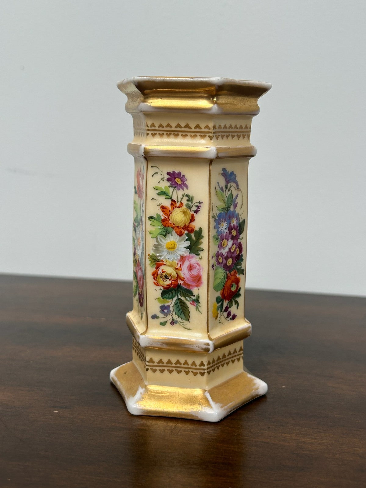 Antique Porcelain Hexagonal Spill Vase Gilt Ground Hand Painted Flowers1