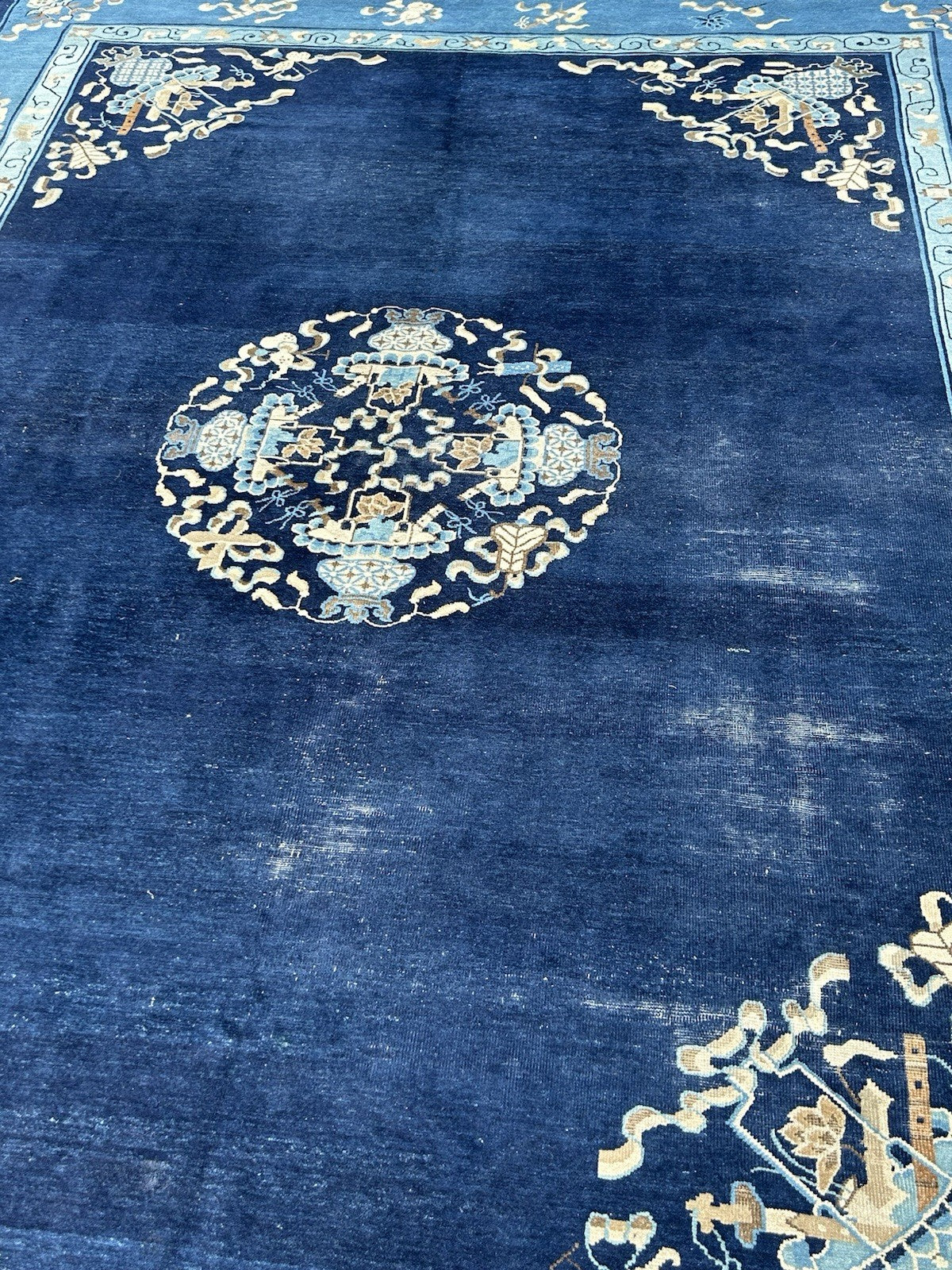 Antique Chinese Peking Carpet c.1920s Blue Ground Hand Knotted Wool Large Rug3