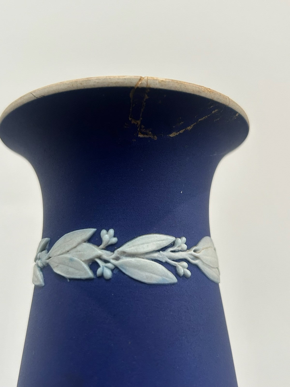 Pair Antique Wedgwood Portland Blue Jasperware Vases Cherubs Cupids (One A/F)9