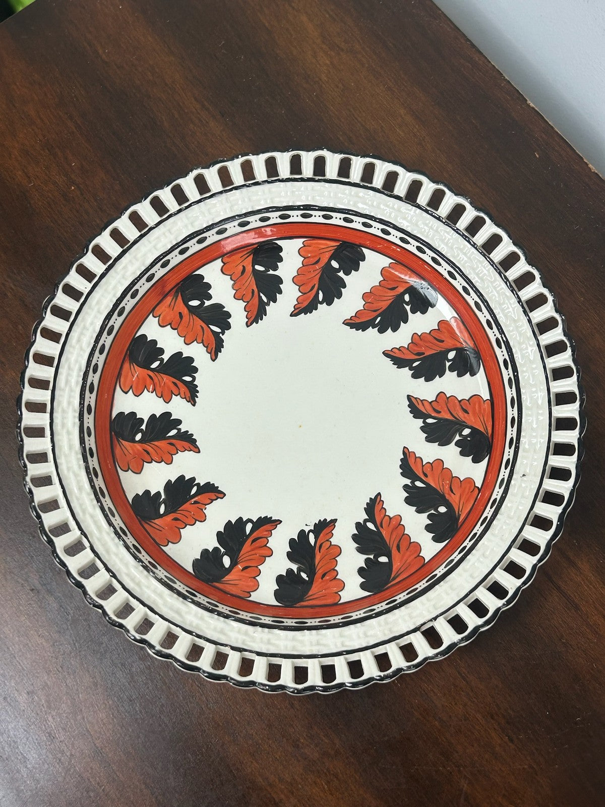 Antique Spode Creamware Pierced Rim Plate Orange Black Acanthus Border c18000