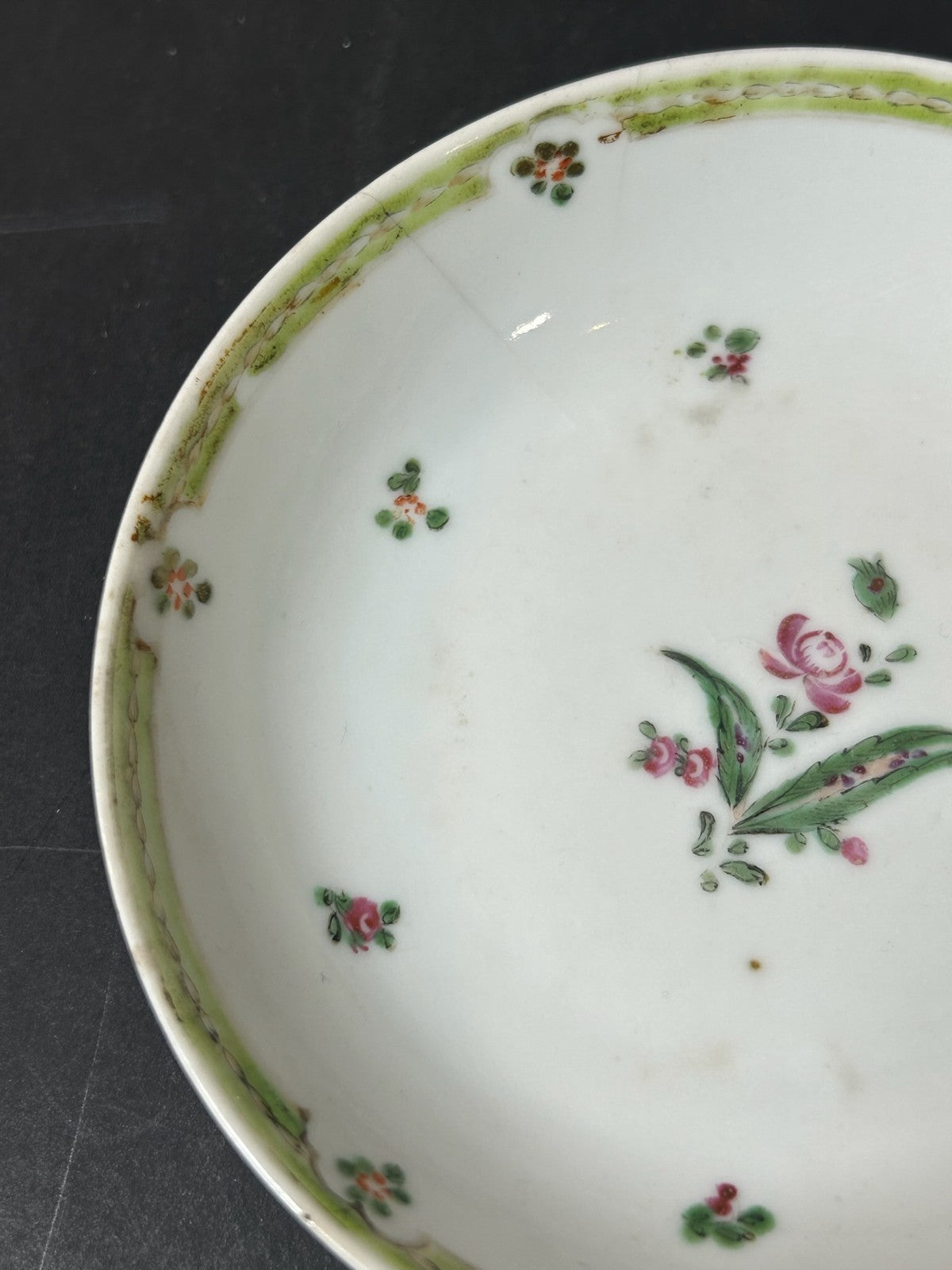 Antique Porcelain Saucer Green Border Puce Flower Sprigs 13cm A/F1