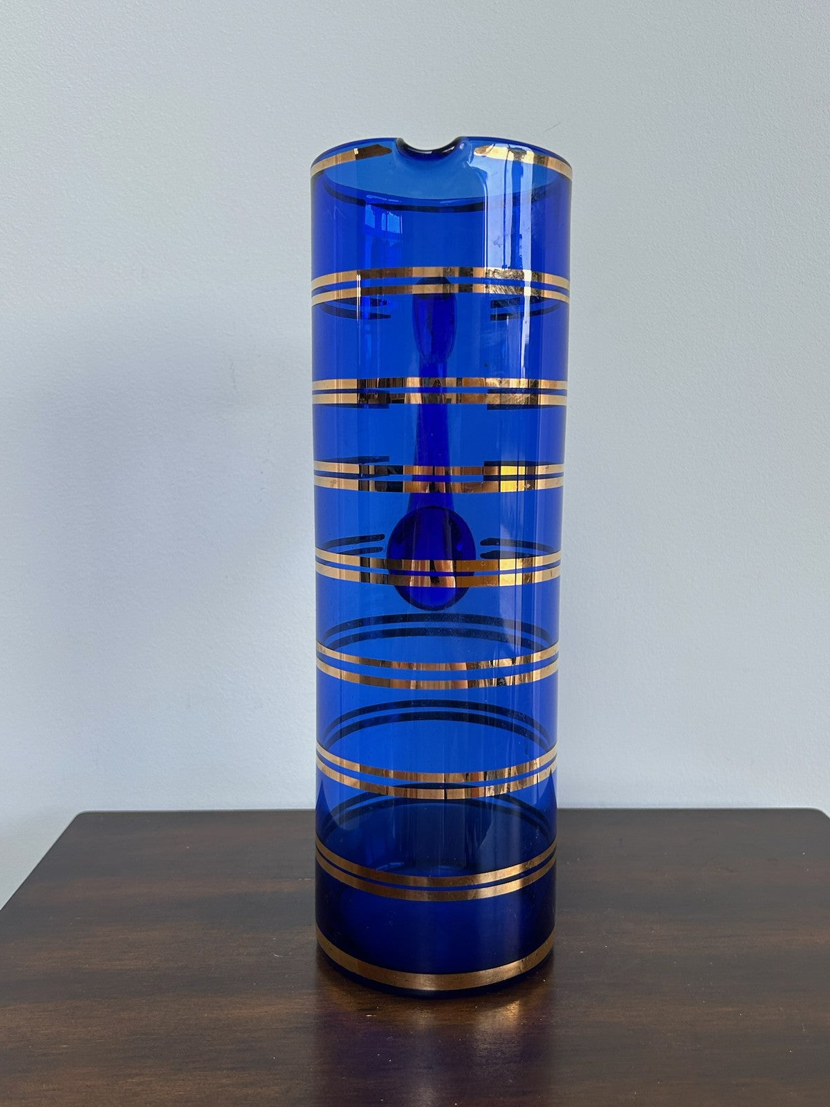 Bohemian Hand Blown Cobalt Blue Glass Jug Gilt Bands1