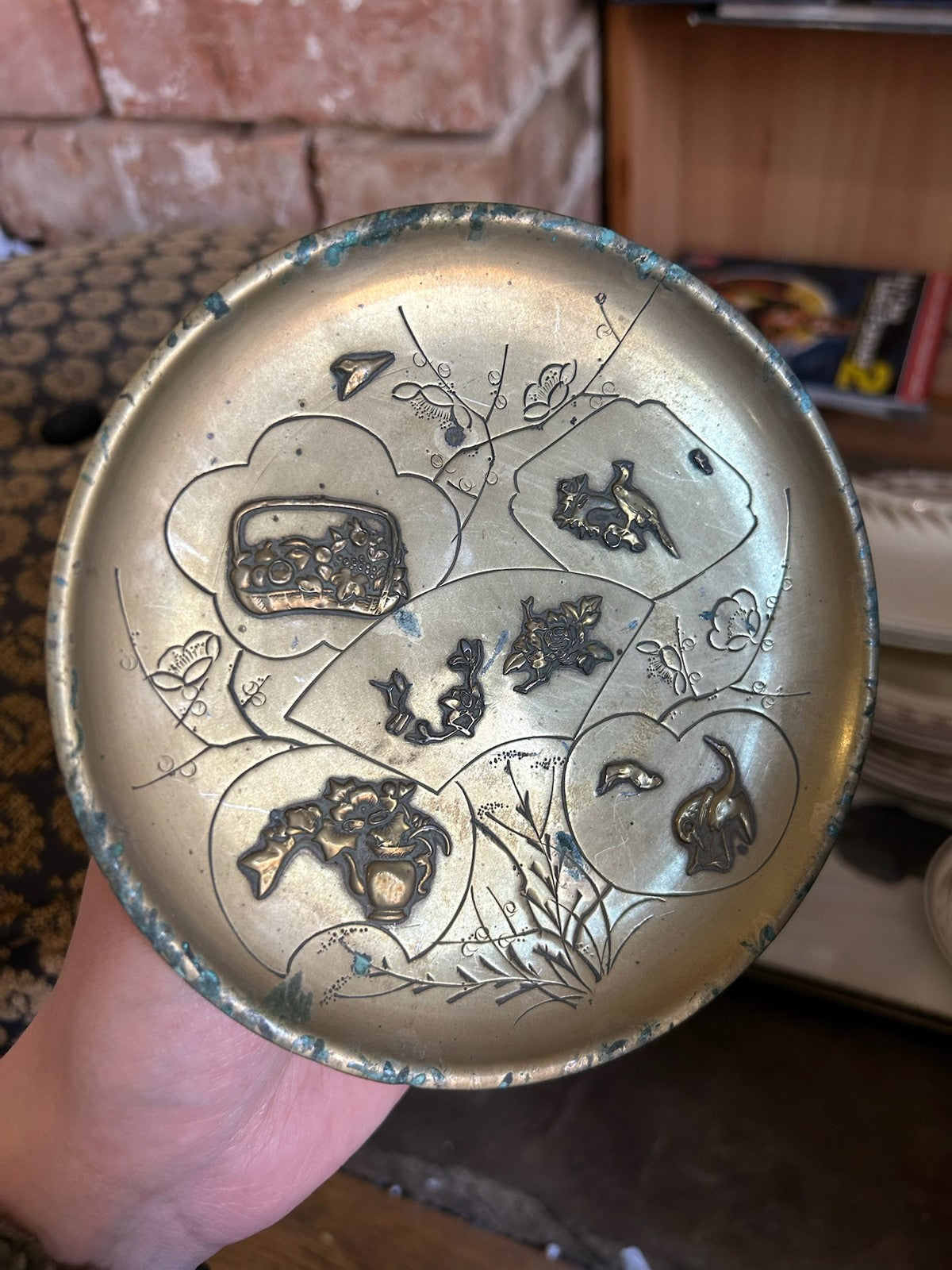 Japanese Brass Relief Dish Engraved Fan Panels Birds Flowers Plum Blossom0