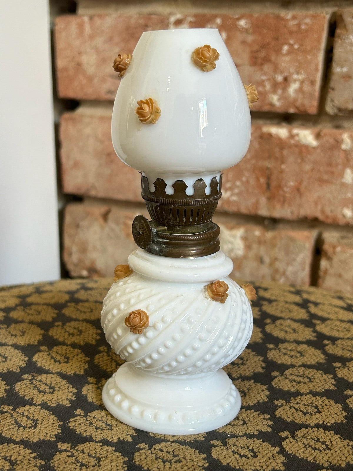 Vintage Milk Glass Miniature Oil Lamp Hobnail Applied Amber Roses Brass Burner2